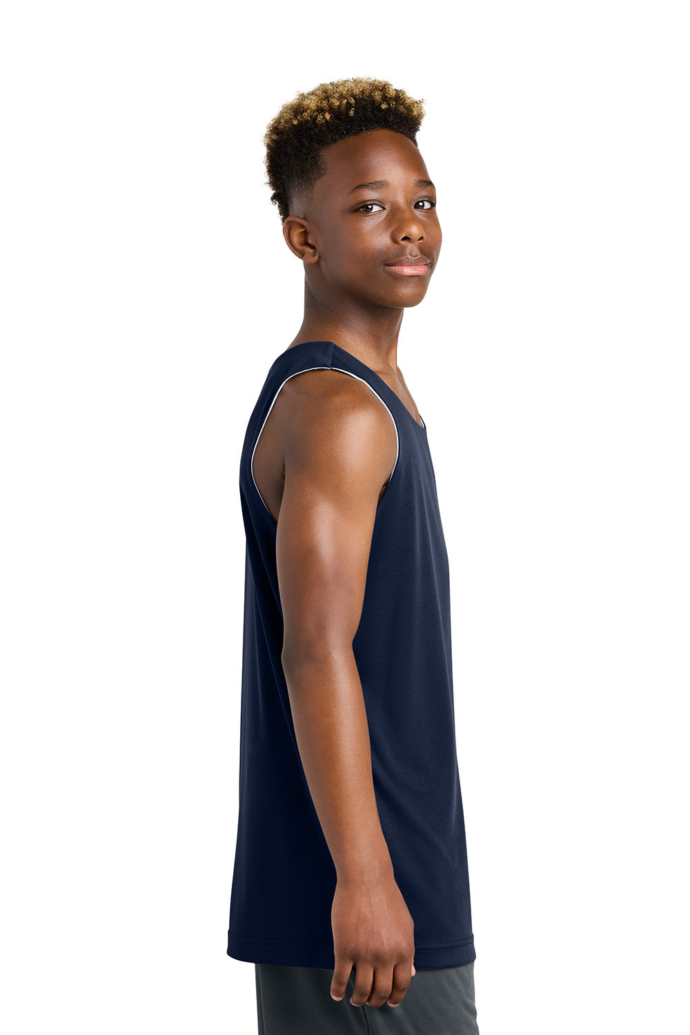 Sport-Tek YST551 Youth PosiCharge Competitor Rev Tank Top True Navy Blue/White Model Side