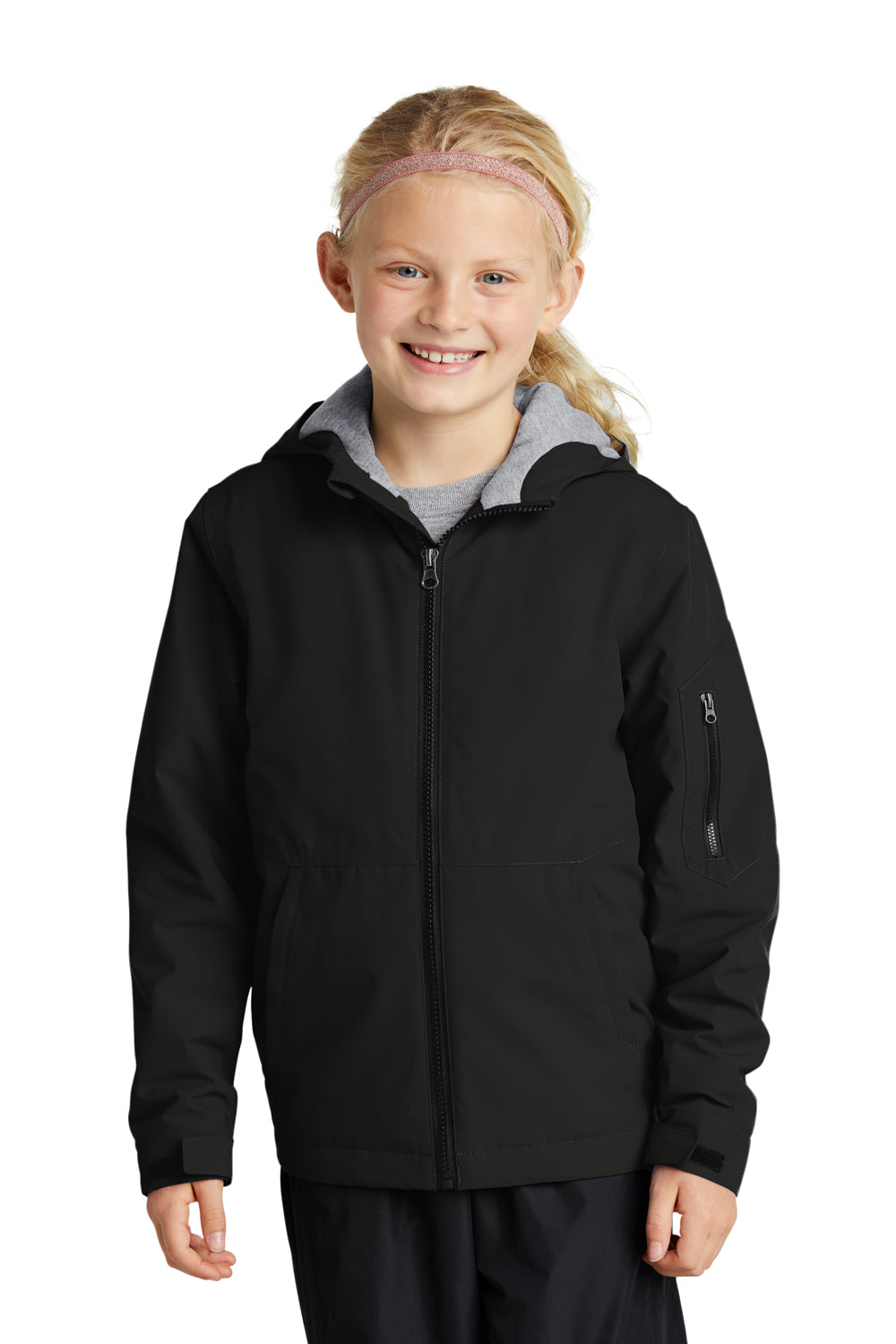 Sport-Tek YST56 Youth Waterproof Insulated Full Zip Hooded Jacket Black Model Front