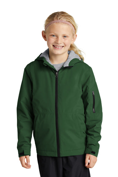 Sport-Tek YST56 Youth Waterproof Insulated Full Zip Hooded Jacket Forest Green Model Front