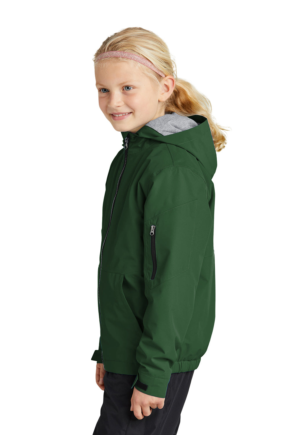 Sport-Tek YST56 Youth Waterproof Insulated Full Zip Hooded Jacket Forest Green Model Side