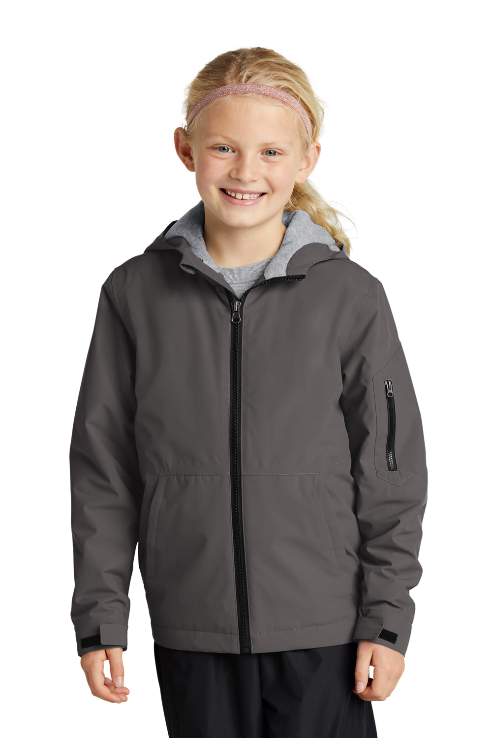 Sport-Tek YST56 Youth Waterproof Insulated Full Zip Hooded Jacket Graphite Grey Model Front