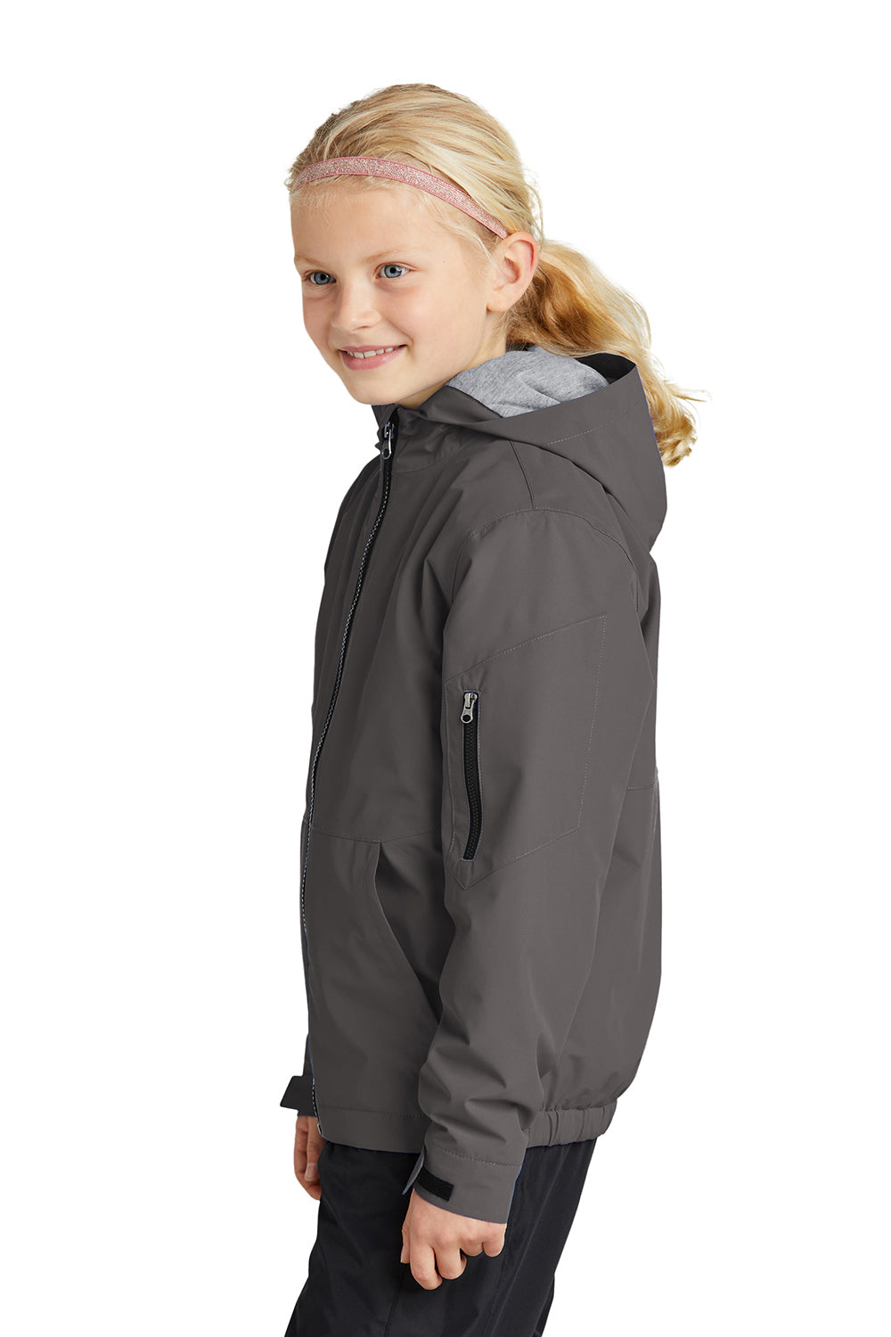 Sport-Tek YST56 Youth Waterproof Insulated Full Zip Hooded Jacket Graphite Grey Model Side