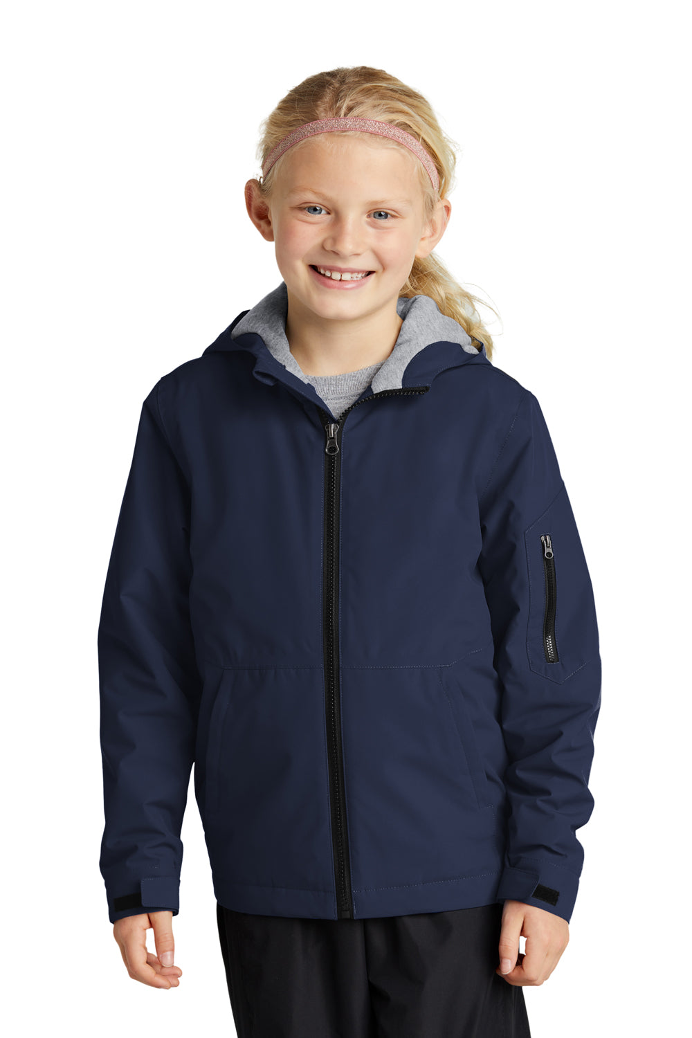 Sport-Tek YST56 Youth Waterproof Insulated Full Zip Hooded Jacket True Navy Blue Model Front