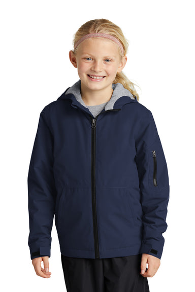 Sport-Tek YST56 Youth Waterproof Insulated Full Zip Hooded Jacket True Navy Blue Model Front