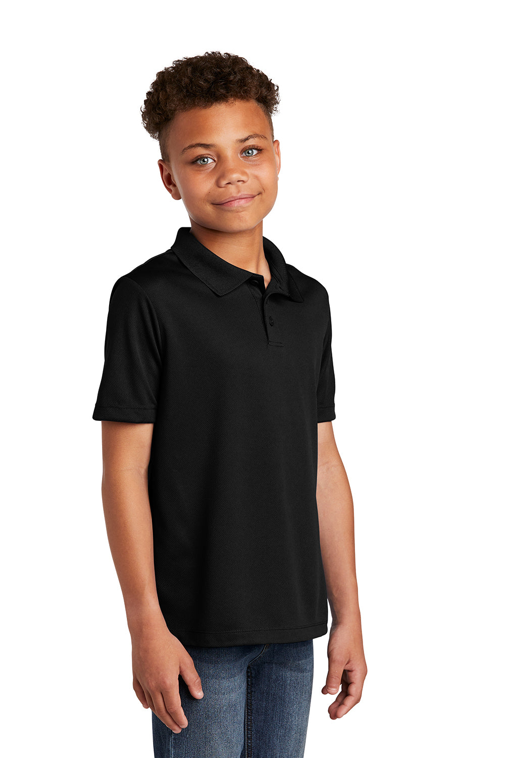 Sport-Tek YST640 Youth RacerMesh Moisture Wicking Short Sleeve Polo Shirt Black Model 3q