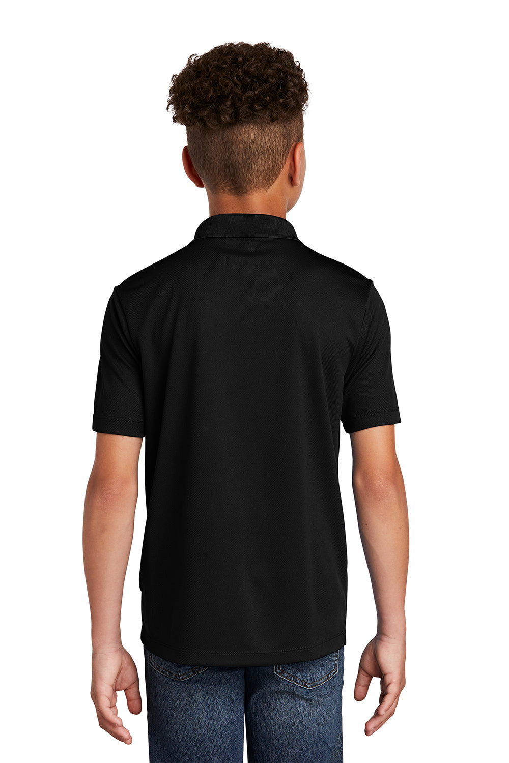 Sport-Tek YST640 Youth RacerMesh Moisture Wicking Short Sleeve Polo Shirt Black Model Back