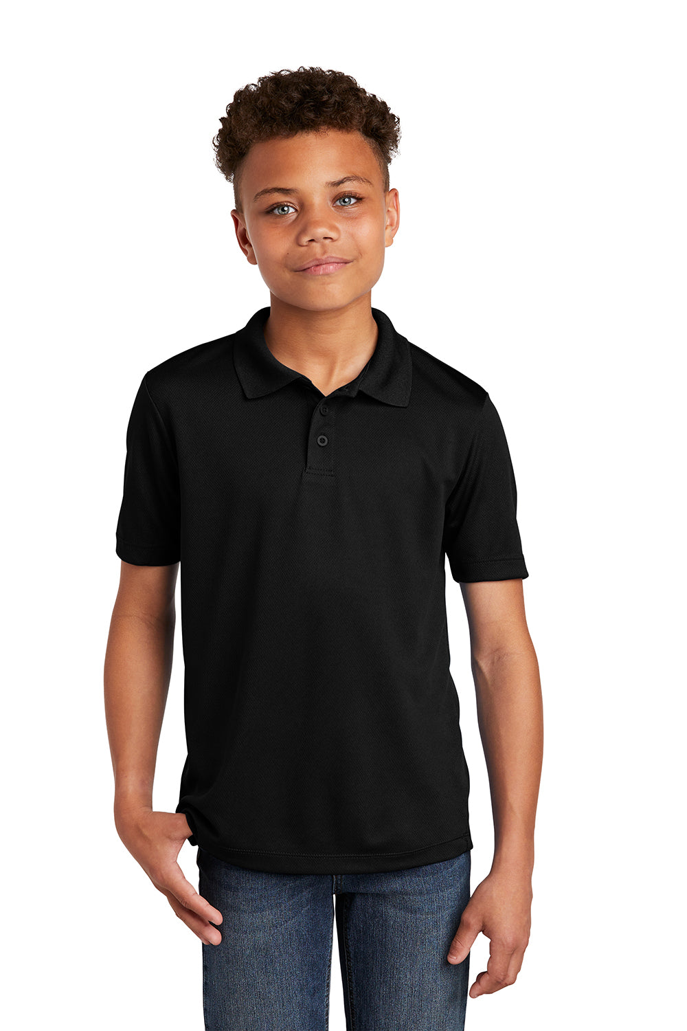 Sport-Tek YST640 Youth RacerMesh Moisture Wicking Short Sleeve Polo Shirt Black Model Front