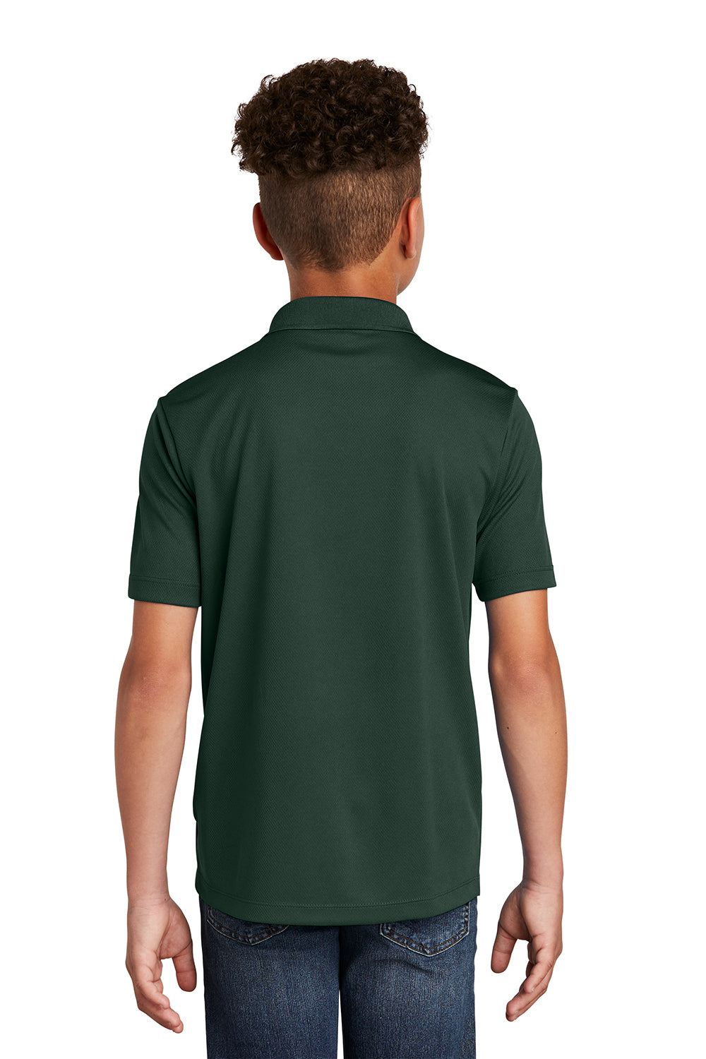 Sport-Tek YST640 Youth RacerMesh Moisture Wicking Short Sleeve Polo Shirt Dark Forest Green Model Back