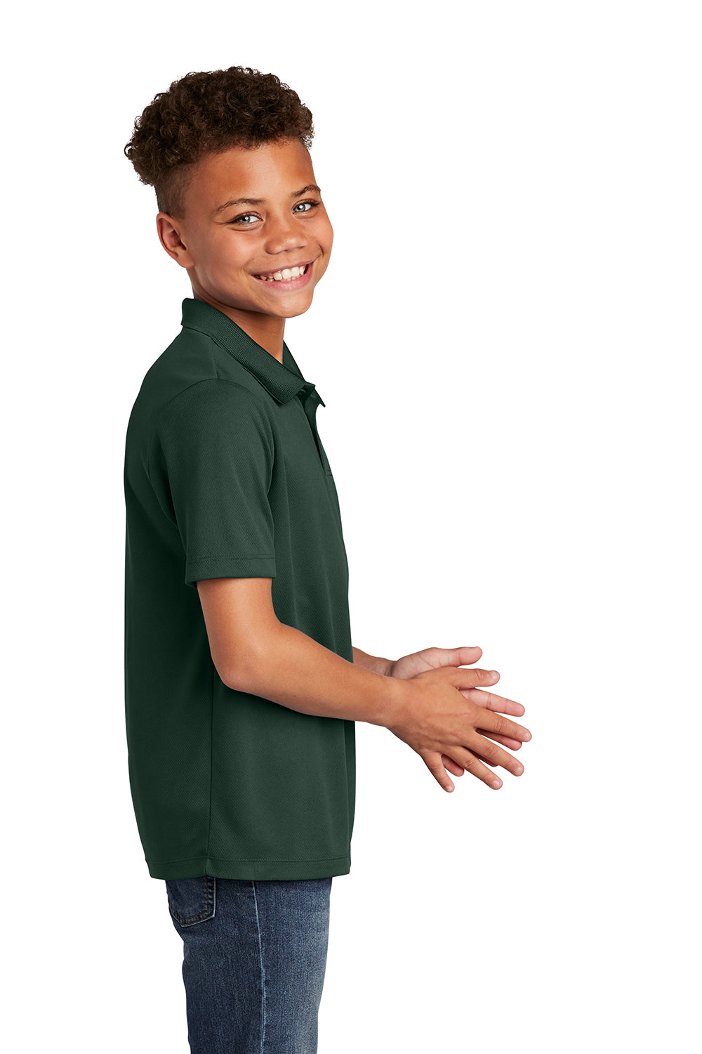 Sport-Tek YST640 Youth RacerMesh Moisture Wicking Short Sleeve Polo Shirt Dark Forest Green Model Side