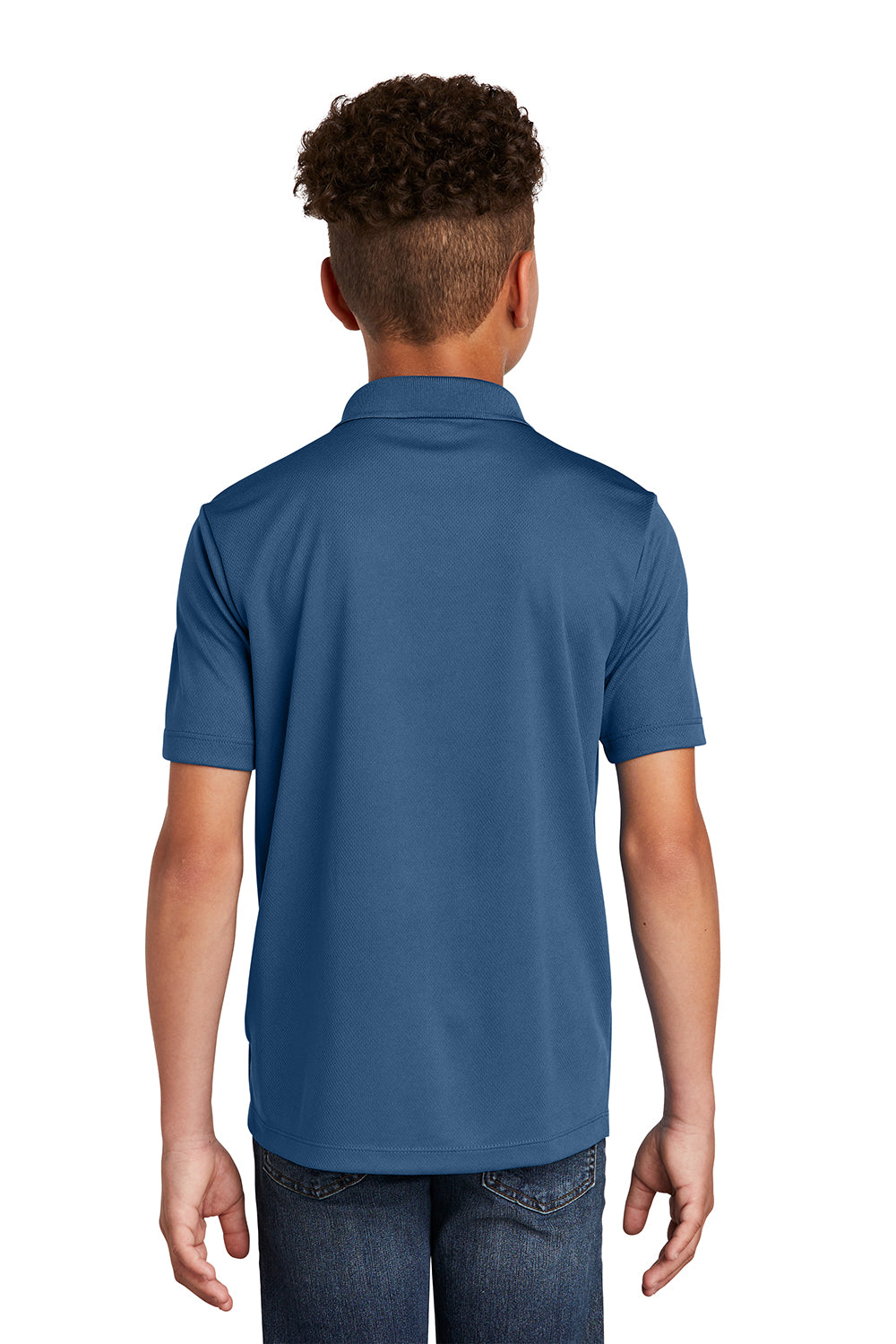 Sport-Tek YST640 Youth RacerMesh Moisture Wicking Short Sleeve Polo Shirt Dawn Blue Model Back