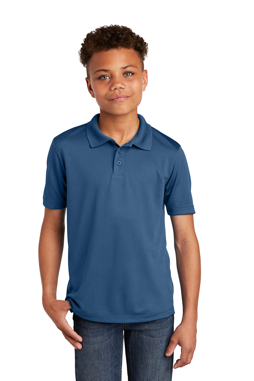 Sport-Tek YST640 Youth RacerMesh Moisture Wicking Short Sleeve Polo Shirt Dawn Blue Model Front