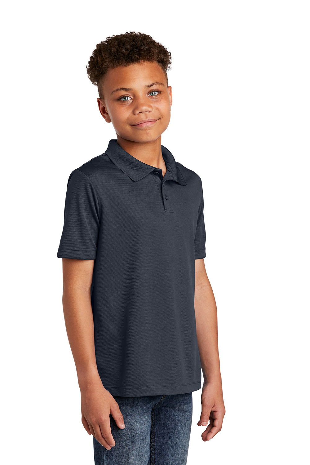 Sport-Tek YST640 Youth RacerMesh Moisture Wicking Short Sleeve Polo Shirt Graphite Grey Model 3q