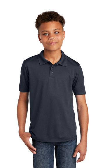 Sport-Tek YST640 Youth RacerMesh Moisture Wicking Short Sleeve Polo Shirt Graphite Grey Model Front