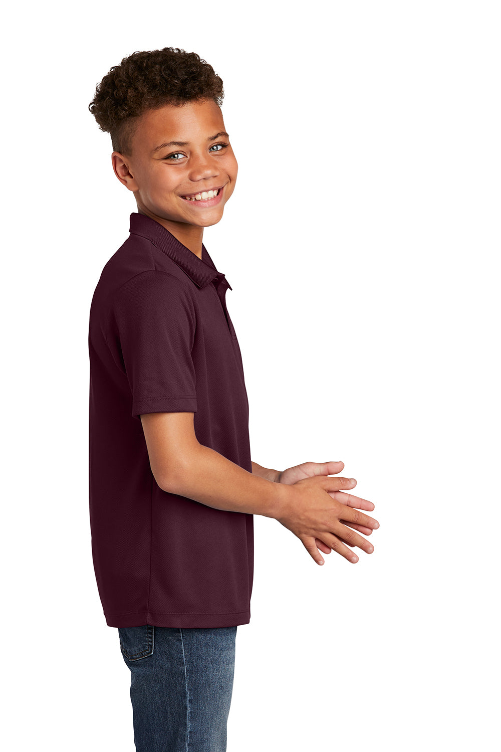 Sport-Tek YST640 Youth RacerMesh Moisture Wicking Short Sleeve Polo Shirt Maroon Model Side