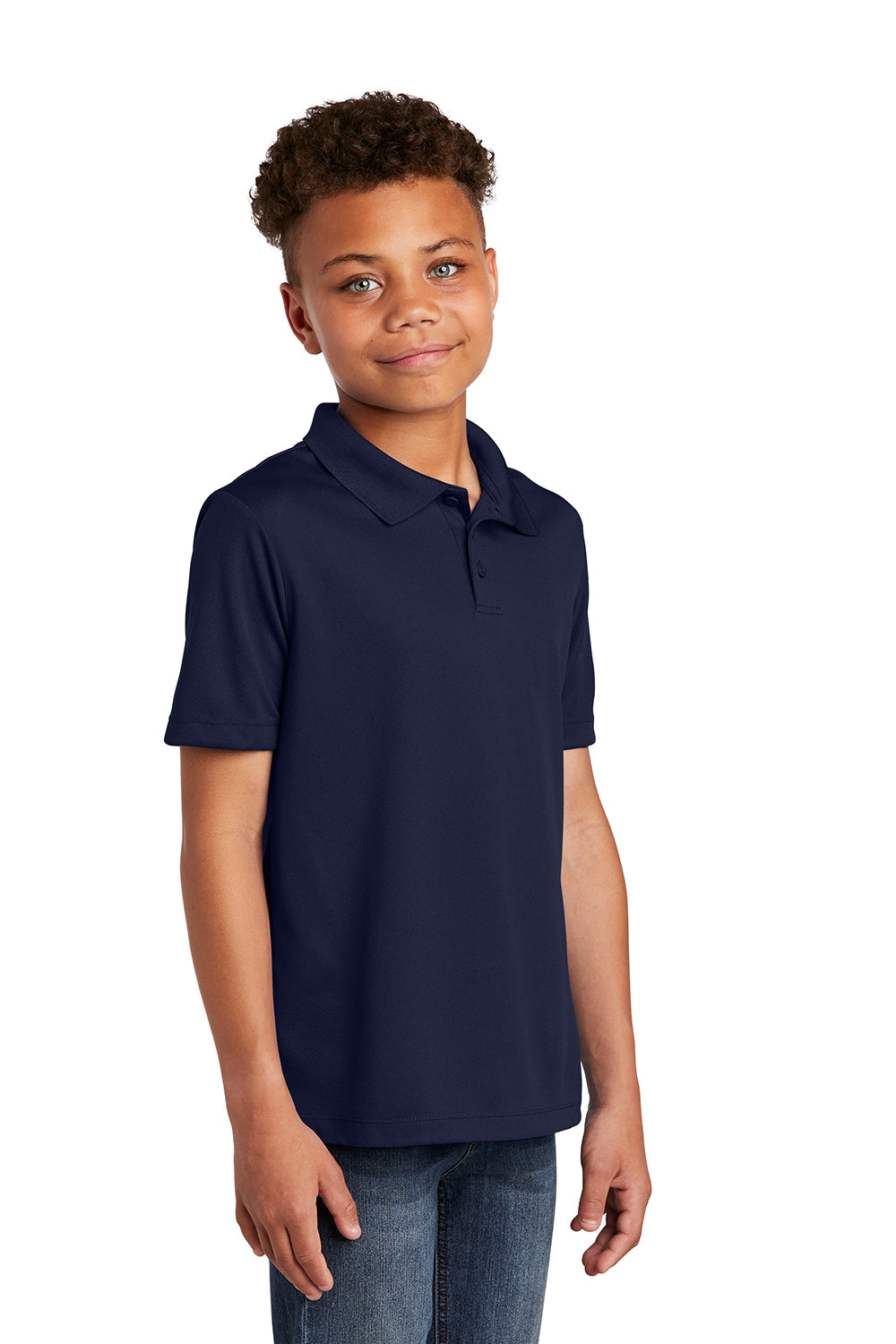 Sport-Tek YST640 Youth RacerMesh Moisture Wicking Short Sleeve Polo Shirt True Navy Blue Model 3q