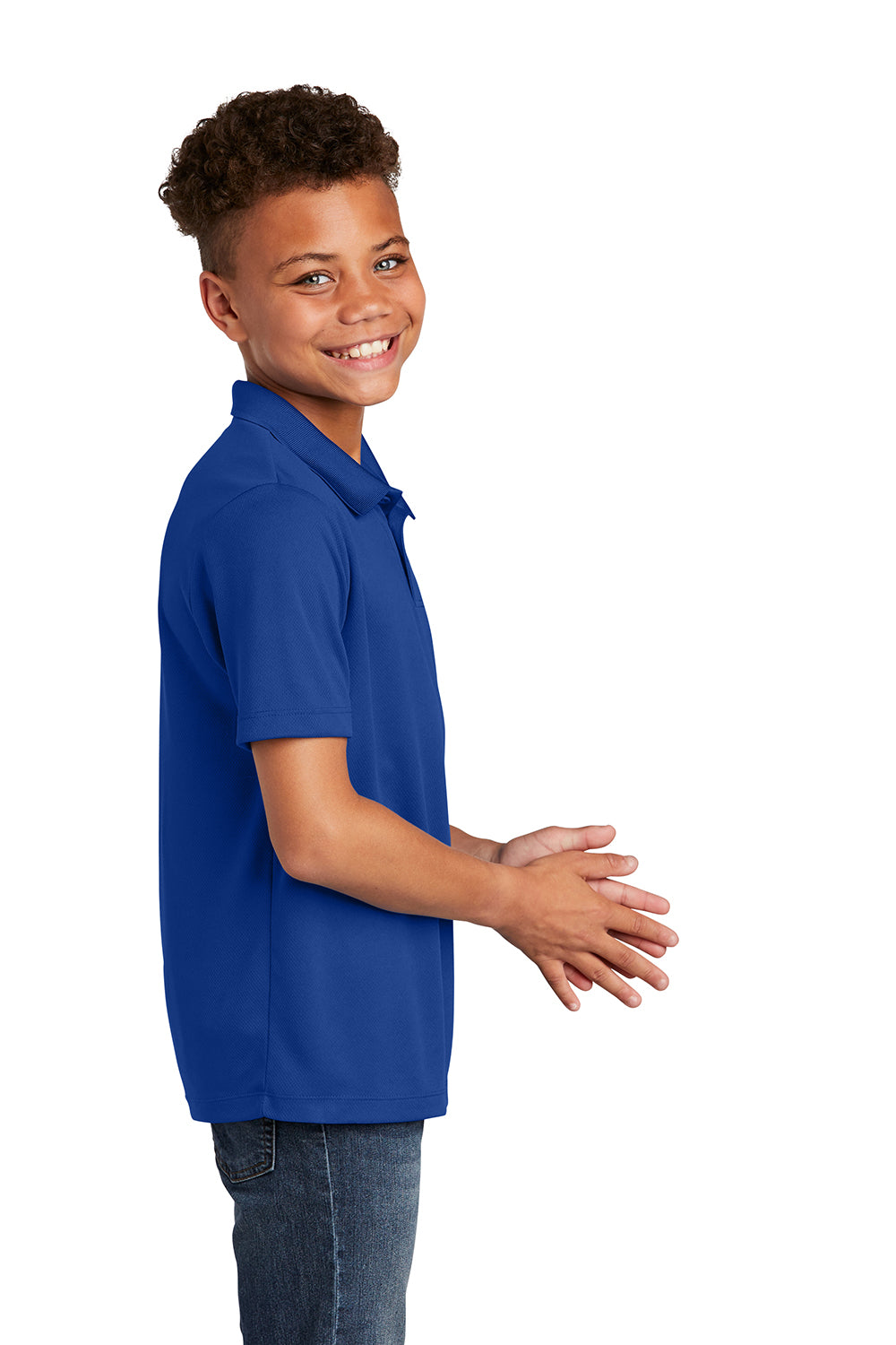 Sport-Tek YST640 Youth RacerMesh Moisture Wicking Short Sleeve Polo Shirt True Royal Blue Model Side