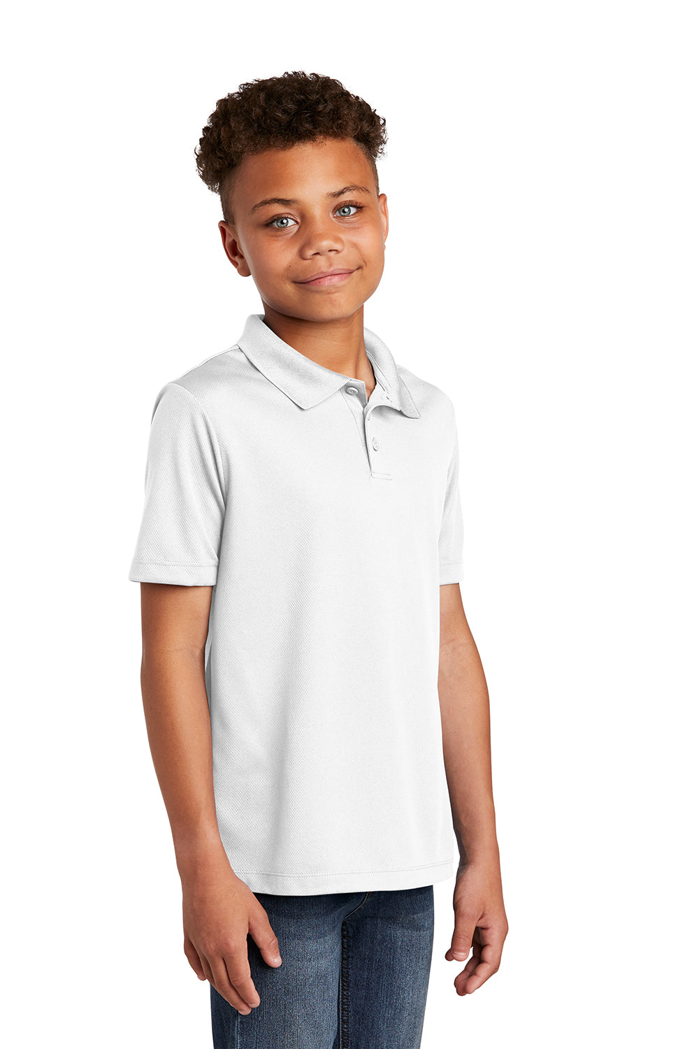 Sport-Tek YST640 Youth RacerMesh Moisture Wicking Short Sleeve Polo Shirt White Model 3q