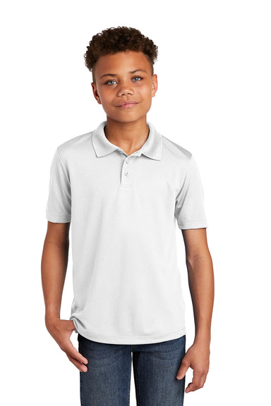 Sport-Tek YST640 Youth RacerMesh Moisture Wicking Short Sleeve Polo Shirt White Model Front