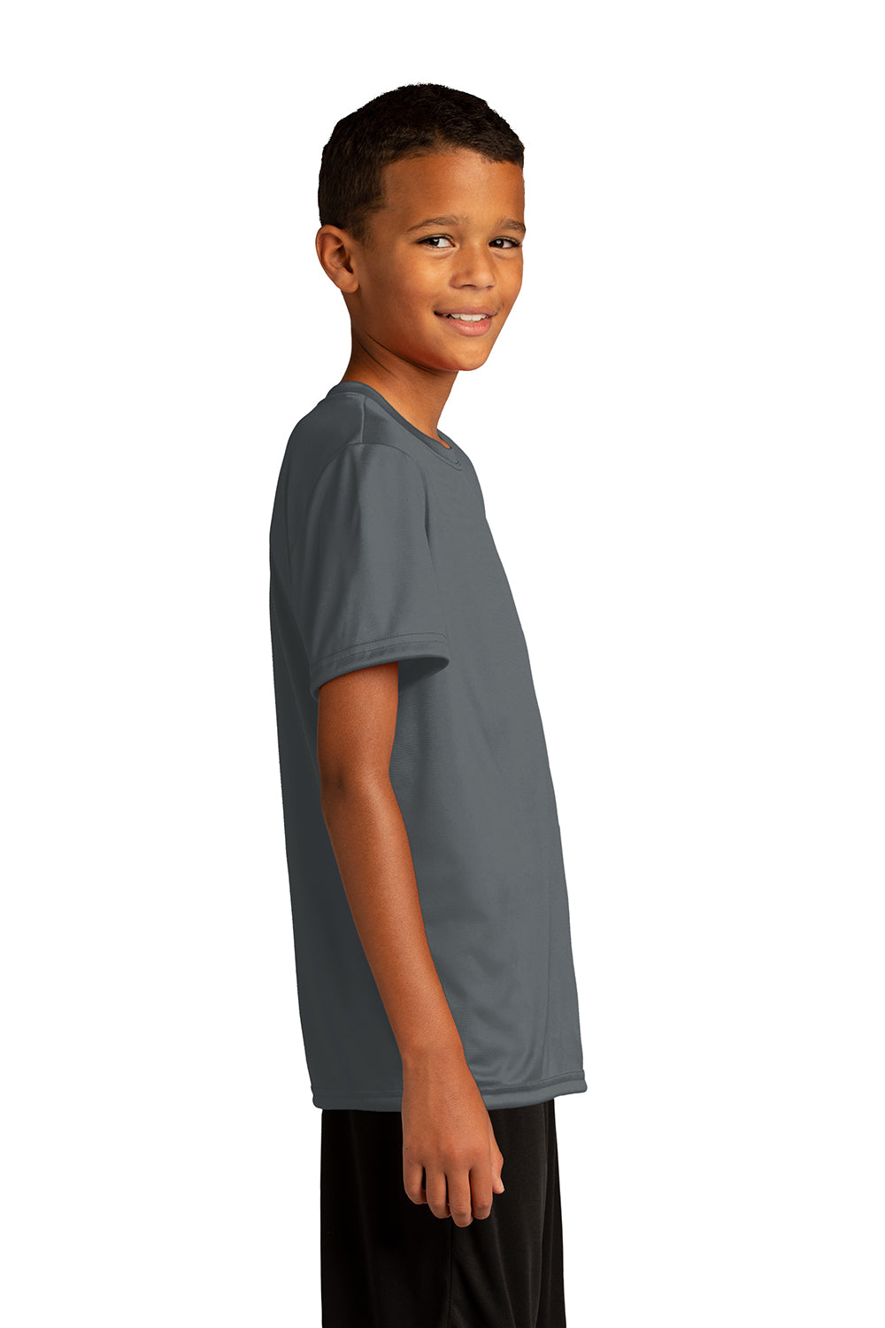 Sport-Tek YST720 Youth Re-Compete Moisture Wicking Short Sleeve Crewneck T-Shirt Iron Grey  Model Side