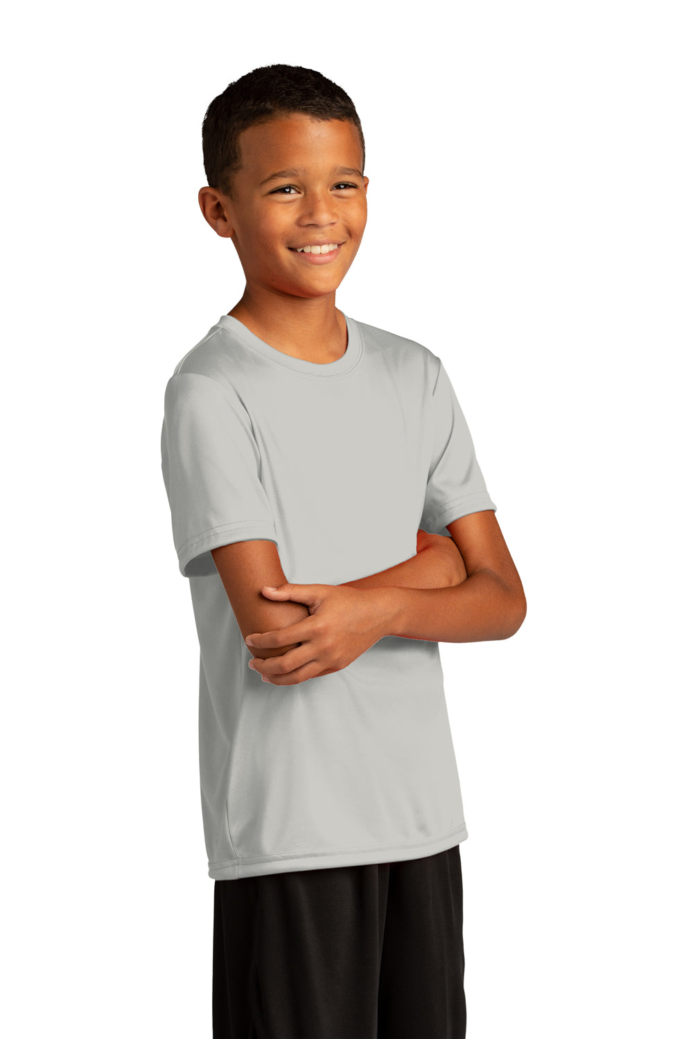 Sport-Tek YST720 Youth Re-Compete Moisture Wicking Short Sleeve Crewneck T-Shirt Silver Grey Model 3q