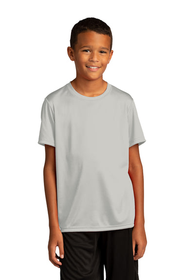 Sport-Tek YST720 Youth Re-Compete Moisture Wicking Short Sleeve Crewneck T-Shirt Silver Grey Model Front