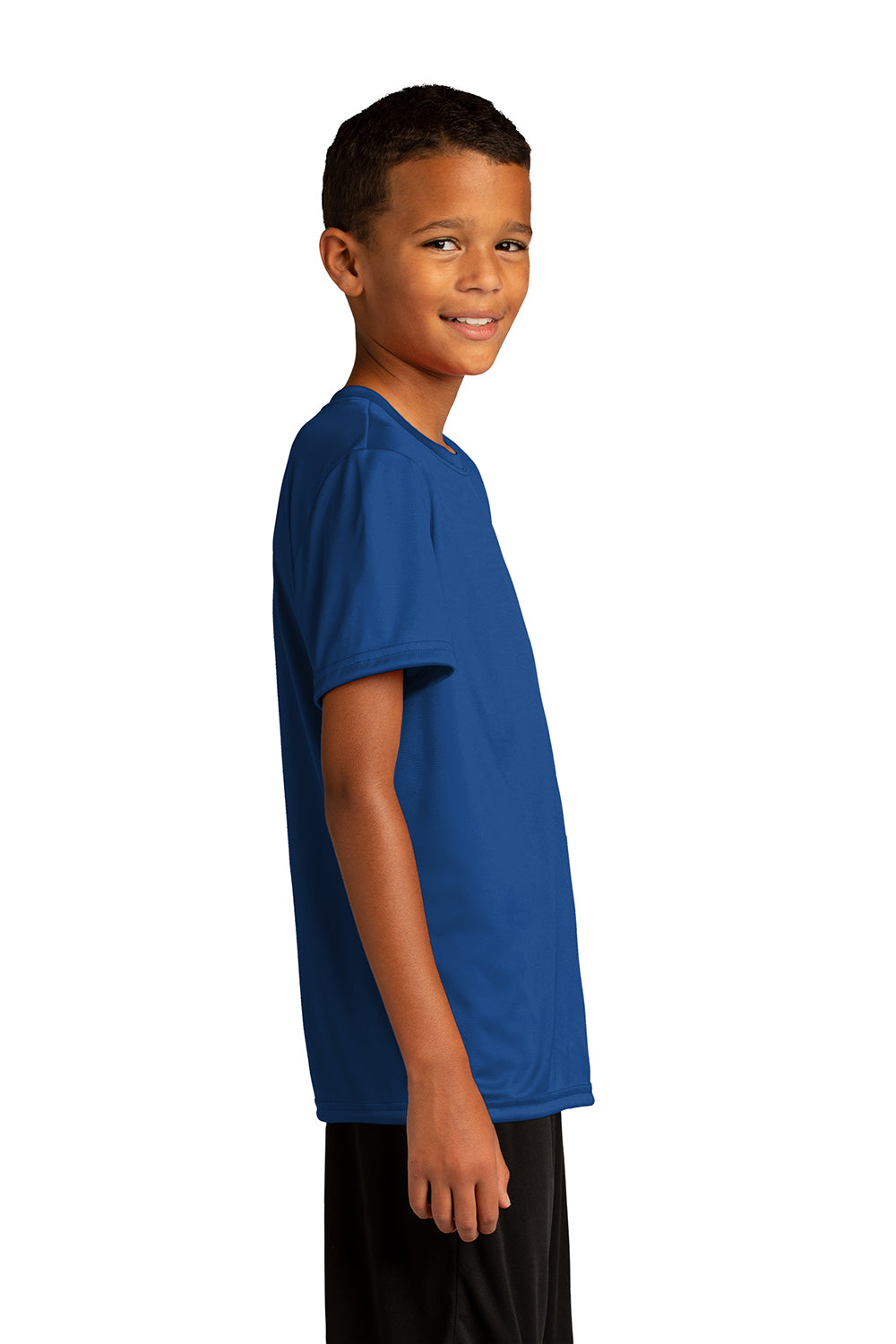 Sport-Tek YST720 Youth Re-Compete Moisture Wicking Short Sleeve Crewneck T-Shirt True Royal Blue Model Side