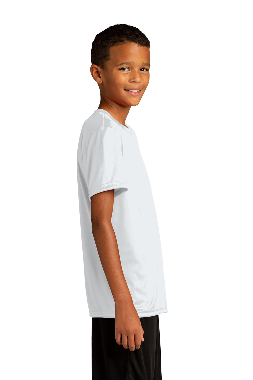 Sport-Tek YST720 Youth Re-Compete Moisture Wicking Short Sleeve Crewneck T-Shirt White Model Side