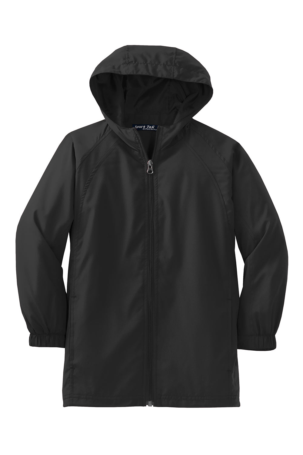 Sport-Tek YST73 Youth Water Resistant Full Zip Hooded Jacket Black Flat Front