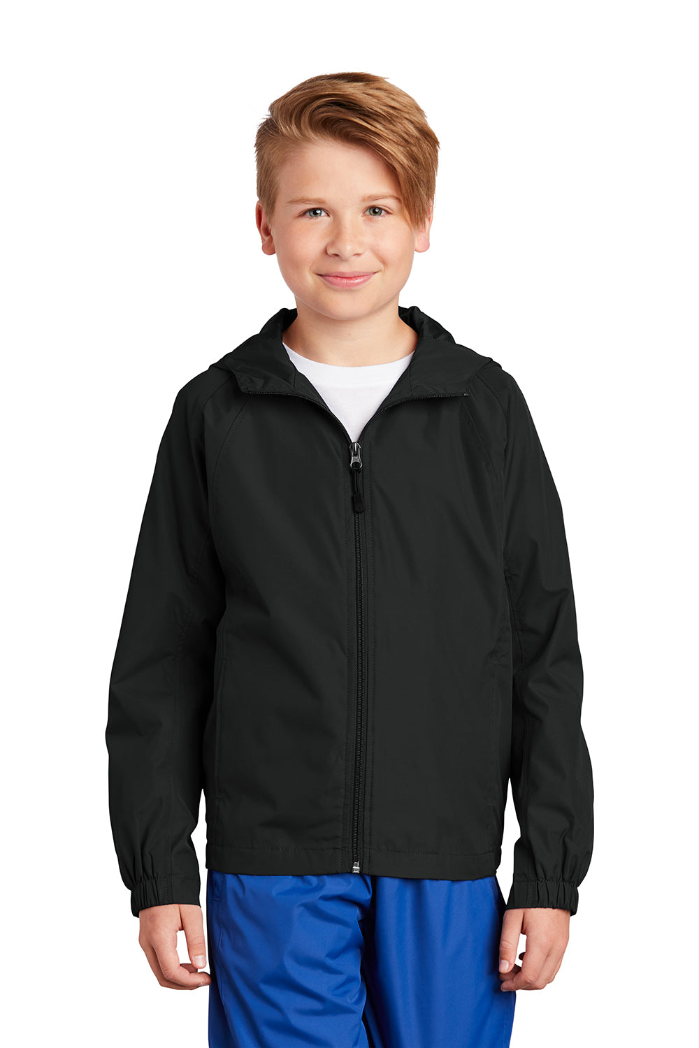 Sport-Tek YST73 Youth Water Resistant Full Zip Hooded Jacket Black Model Front