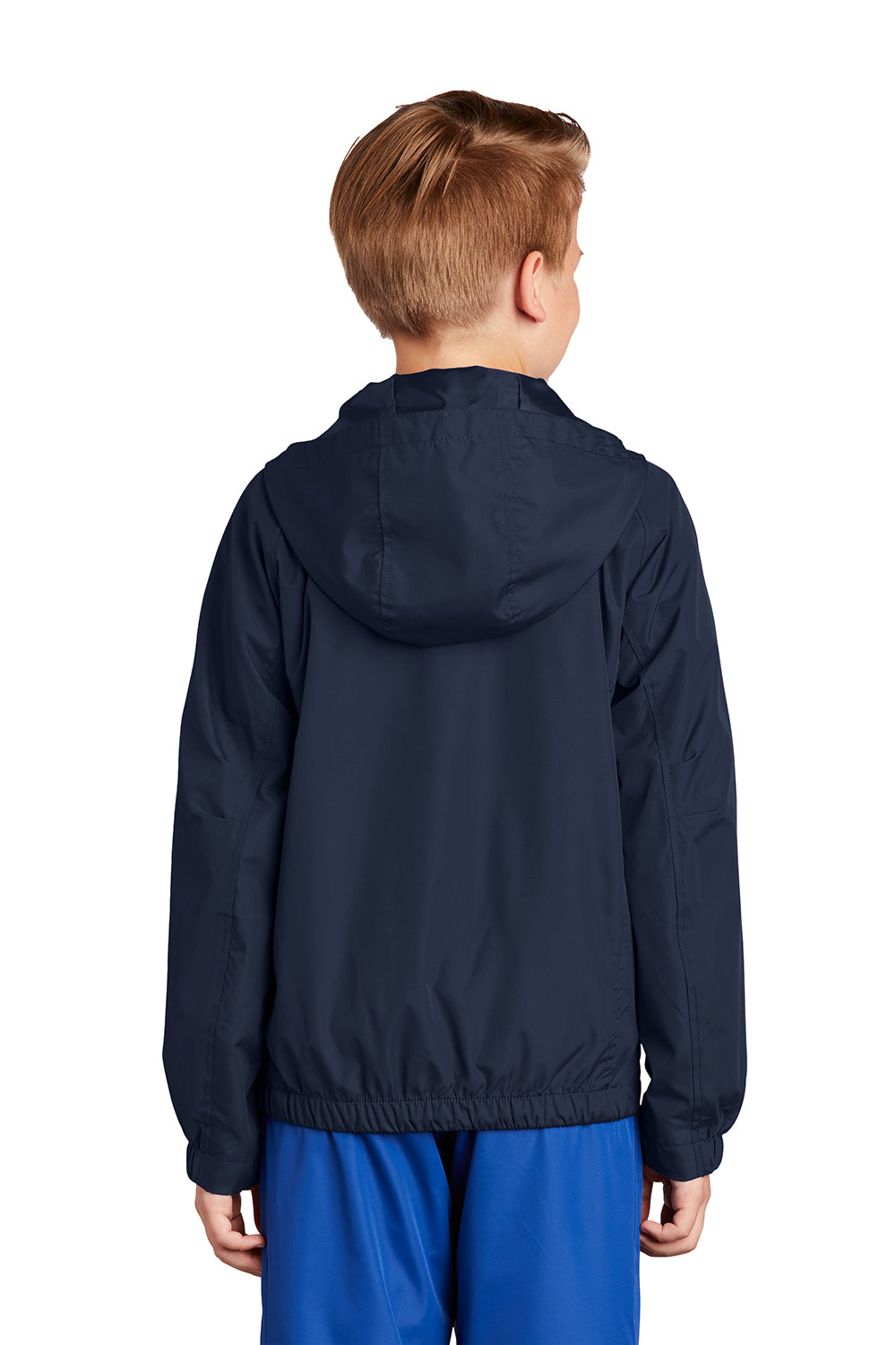 Sport-Tek YST73 Youth Water Resistant Full Zip Hooded Jacket True Navy Blue Model Back