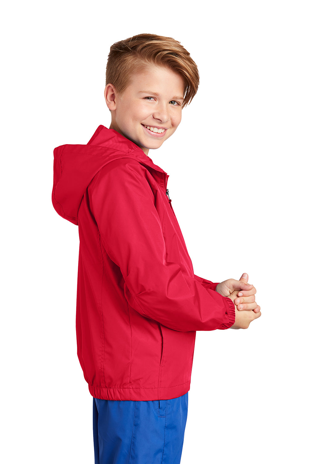 Sport-Tek YST73 Youth Water Resistant Full Zip Hooded Jacket True Red Model Side