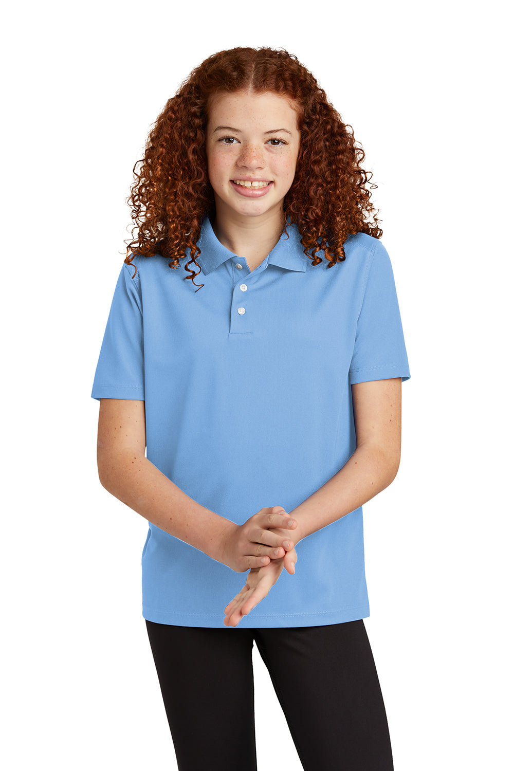 Sport-Tek YST740 Youth Moisture Wicking Micropique Short Sleeve Polo Shirt Carolina Blue Model Front