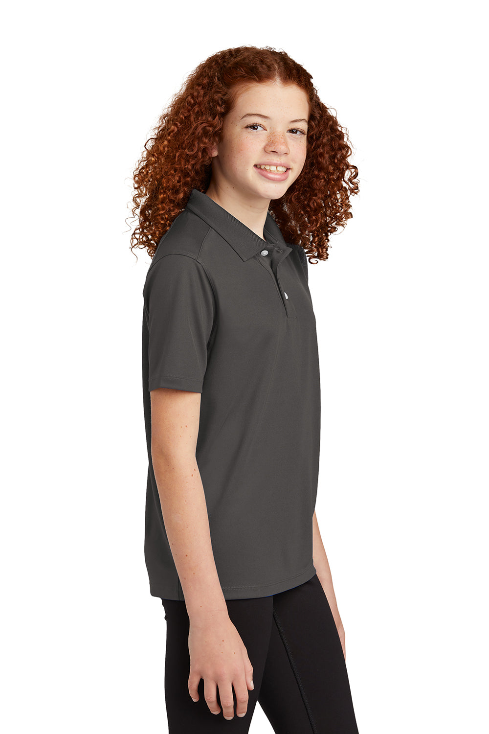 Sport-Tek YST740 Youth Moisture Wicking Micropique Short Sleeve Polo Shirt Graphite Grey Model Side