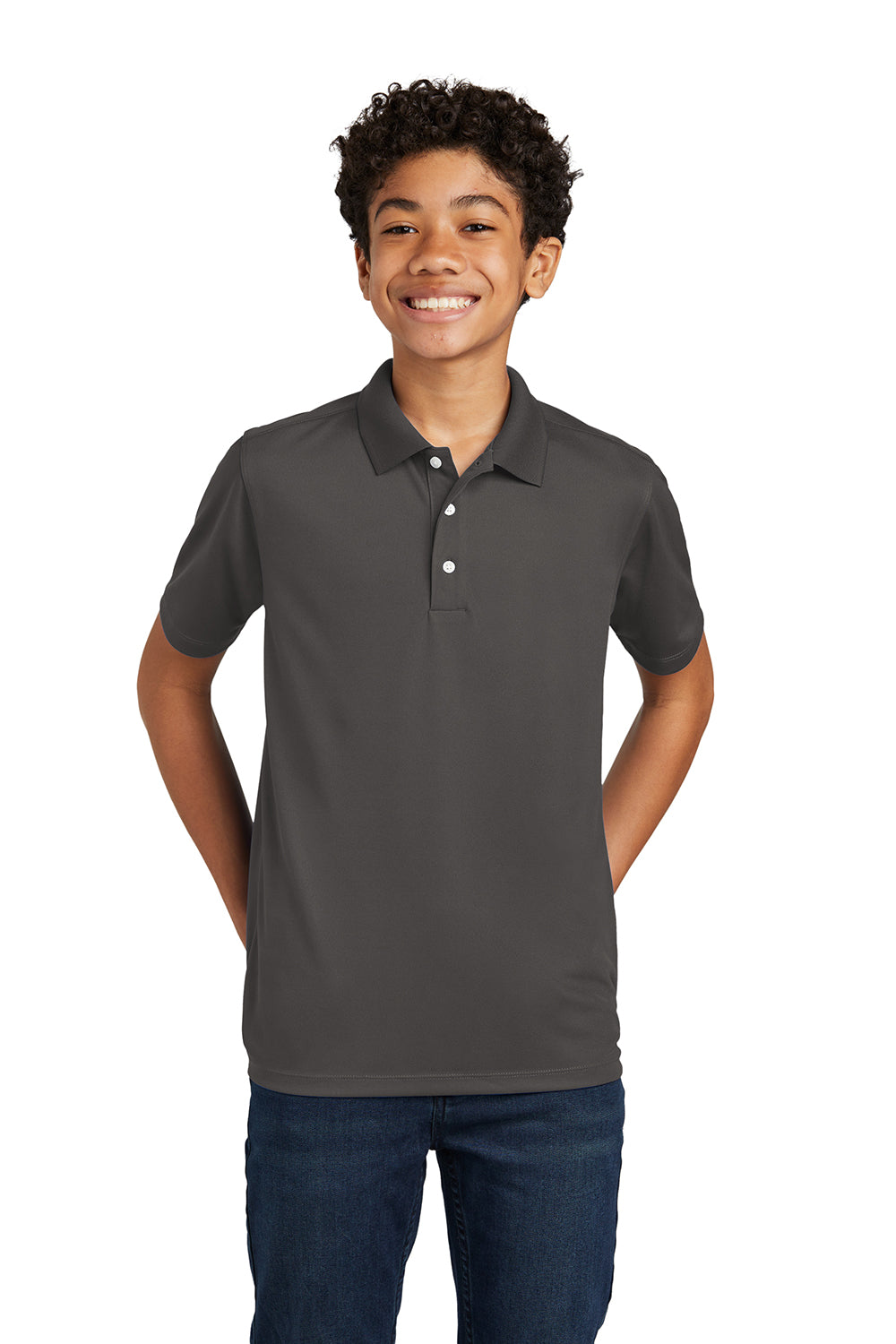 Sport-Tek YST740 Youth Moisture Wicking Micropique Short Sleeve Polo Shirt Graphite Grey Model 3q