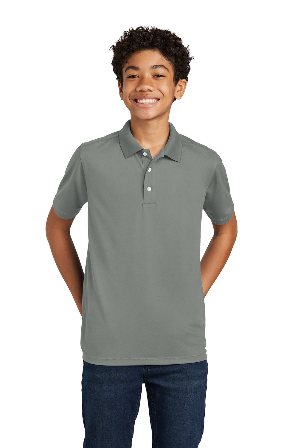 Sport-Tek YST740 Youth Moisture Wicking Micropique Short Sleeve Polo Shirt Concrete Grey Model 3q