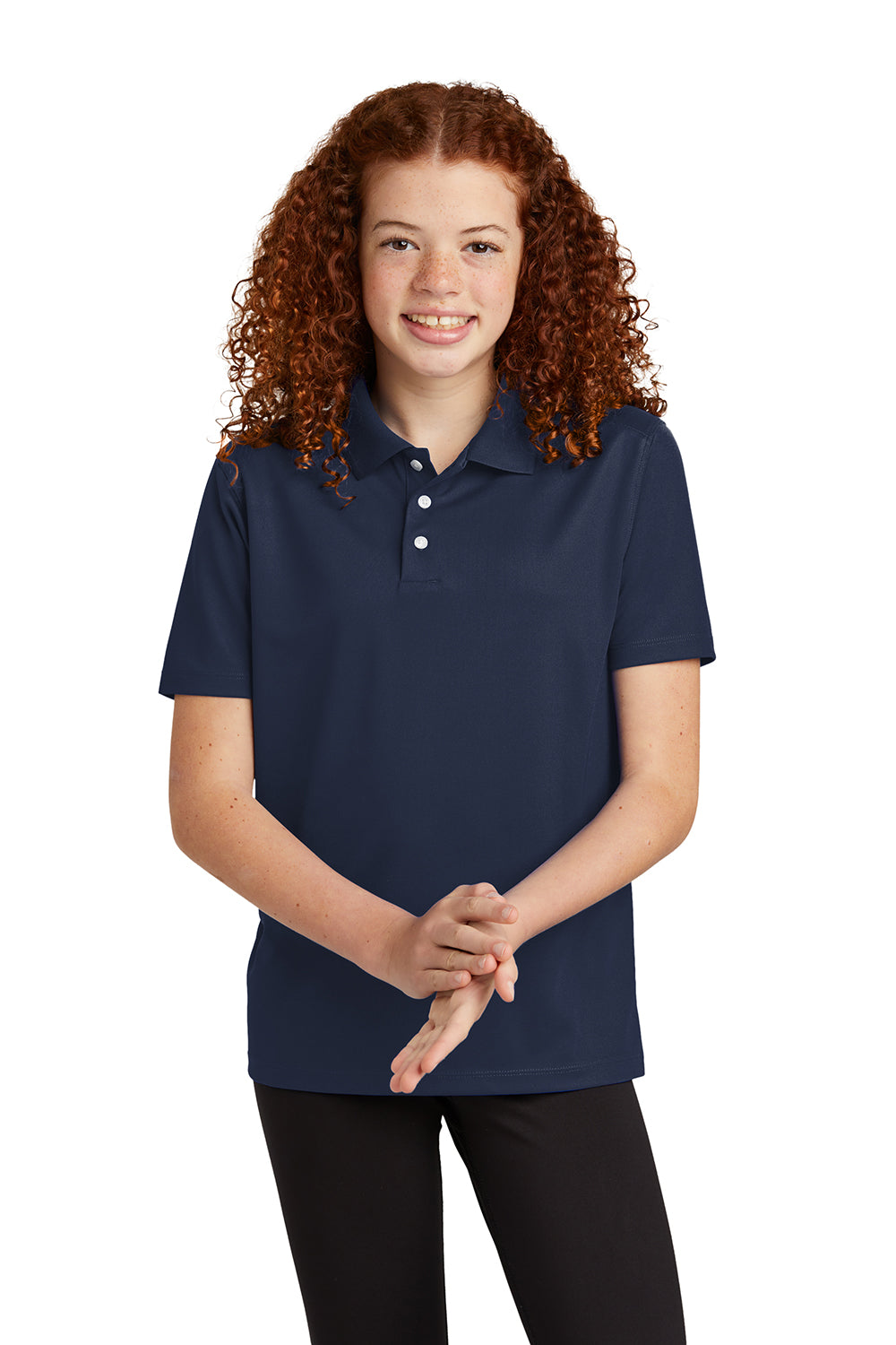 Sport-Tek YST740 Youth Moisture Wicking Micropique Short Sleeve Polo Shirt True Navy Blue Model Front