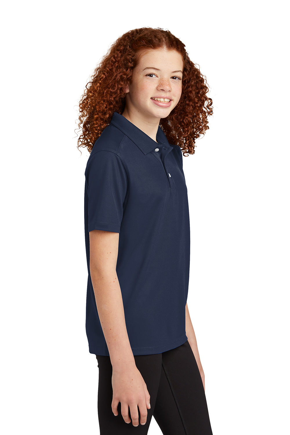 Sport-Tek YST740 Youth Moisture Wicking Micropique Short Sleeve Polo Shirt True Navy Blue Model Side