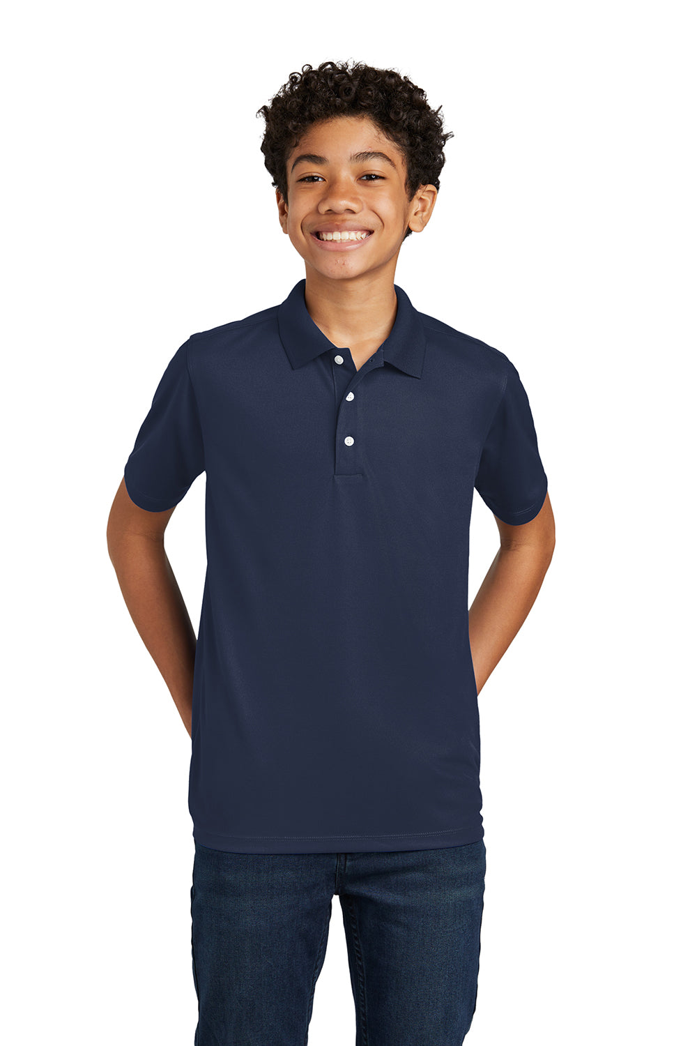 Sport-Tek YST740 Youth Moisture Wicking Micropique Short Sleeve Polo Shirt True Navy Blue Model 3q