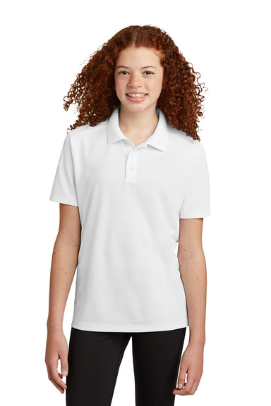 Sport-Tek YST740 Youth Moisture Wicking Micropique Short Sleeve Polo Shirt White Model Front