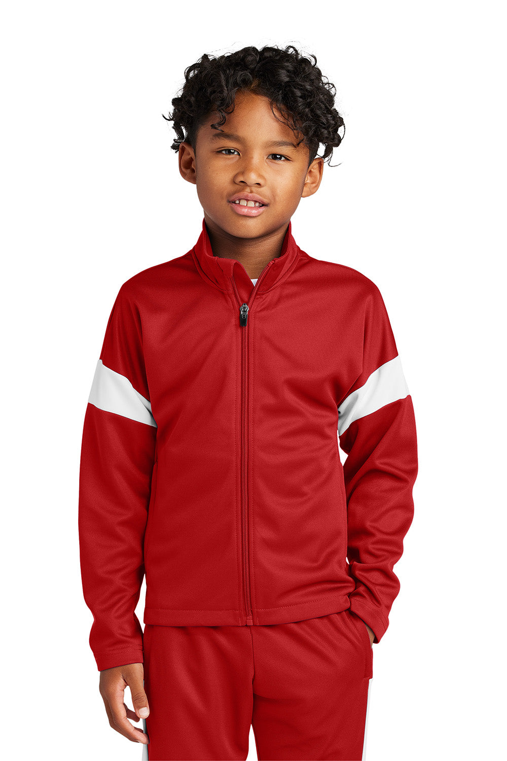 Sport-Tek YST800 Youth Travel Full Zip Jacket Deep Red/White Model Front