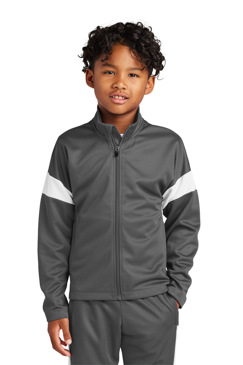 Sport-Tek YST800 Youth Travel Full Zip Jacket Iron Grey/White Model Front