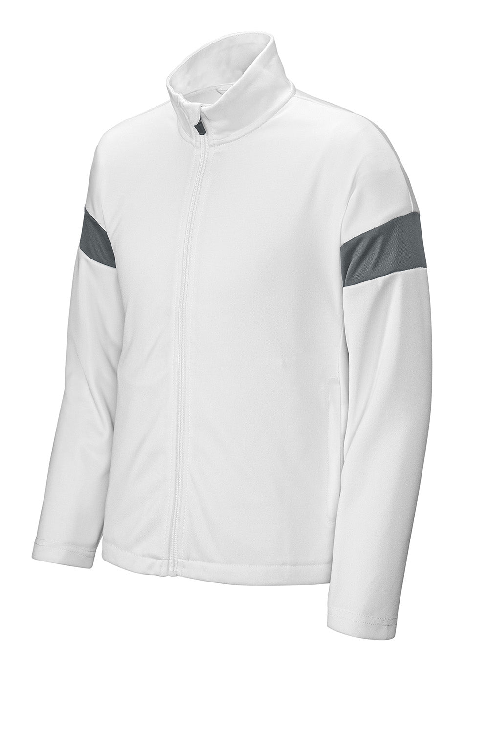 Sport-Tek YST800 Youth Travel Full Zip Jacket White/Iron Grey Flat Front