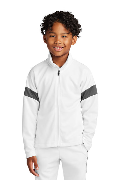 Sport-Tek YST800 Youth Travel Full Zip Jacket White/Iron Grey Model Front