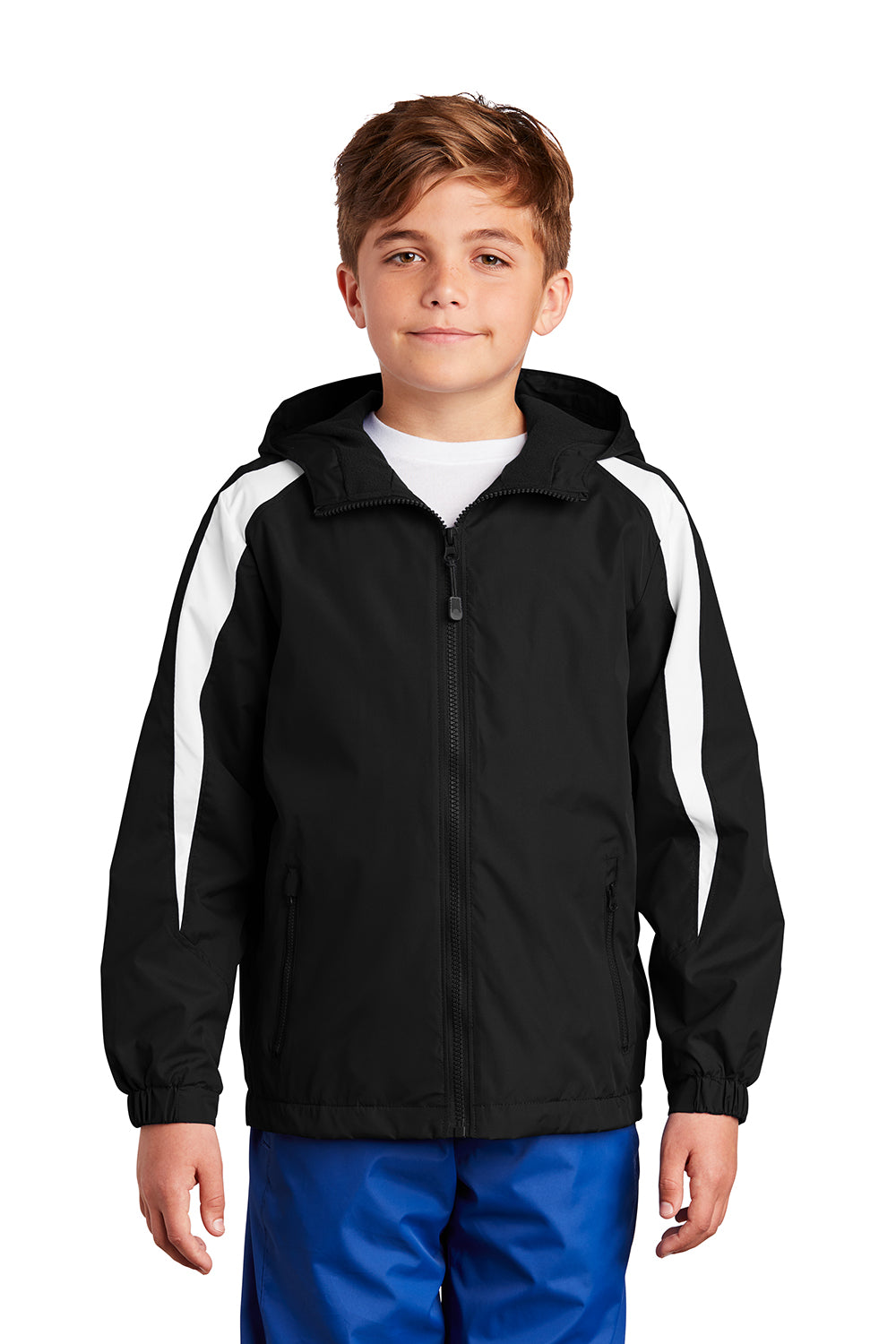 Sport-Tek YST81 Youth Full Zip Hooded Jacket Black/White Model Front