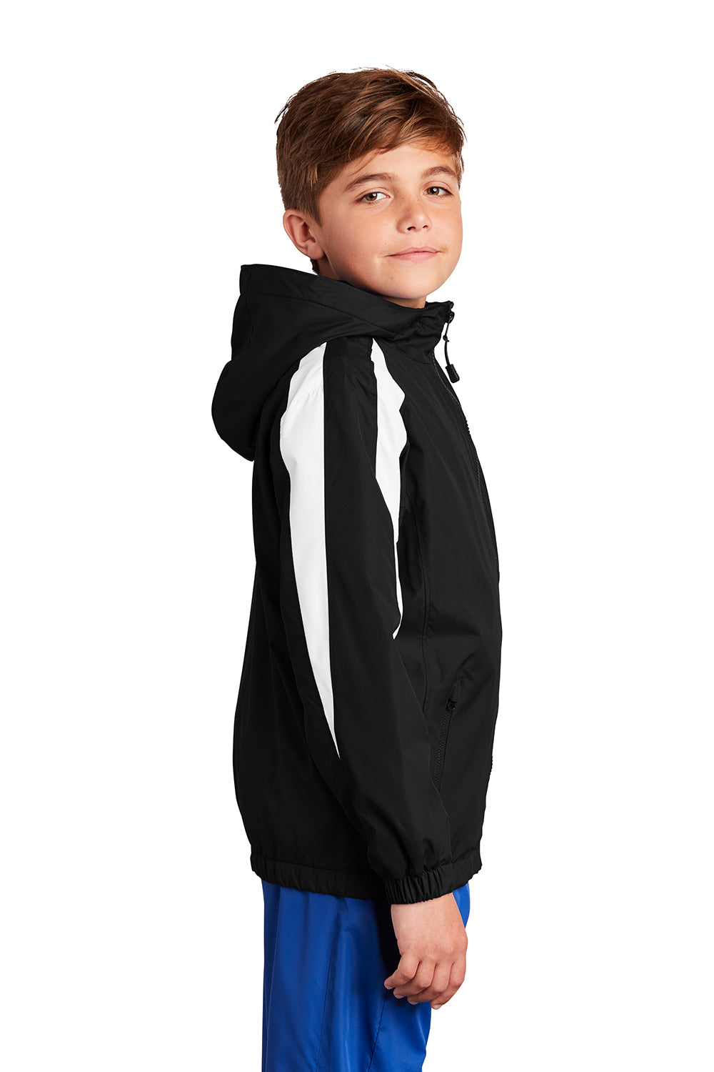 Sport-Tek YST81 Youth Full Zip Hooded Jacket Black/White Model Side