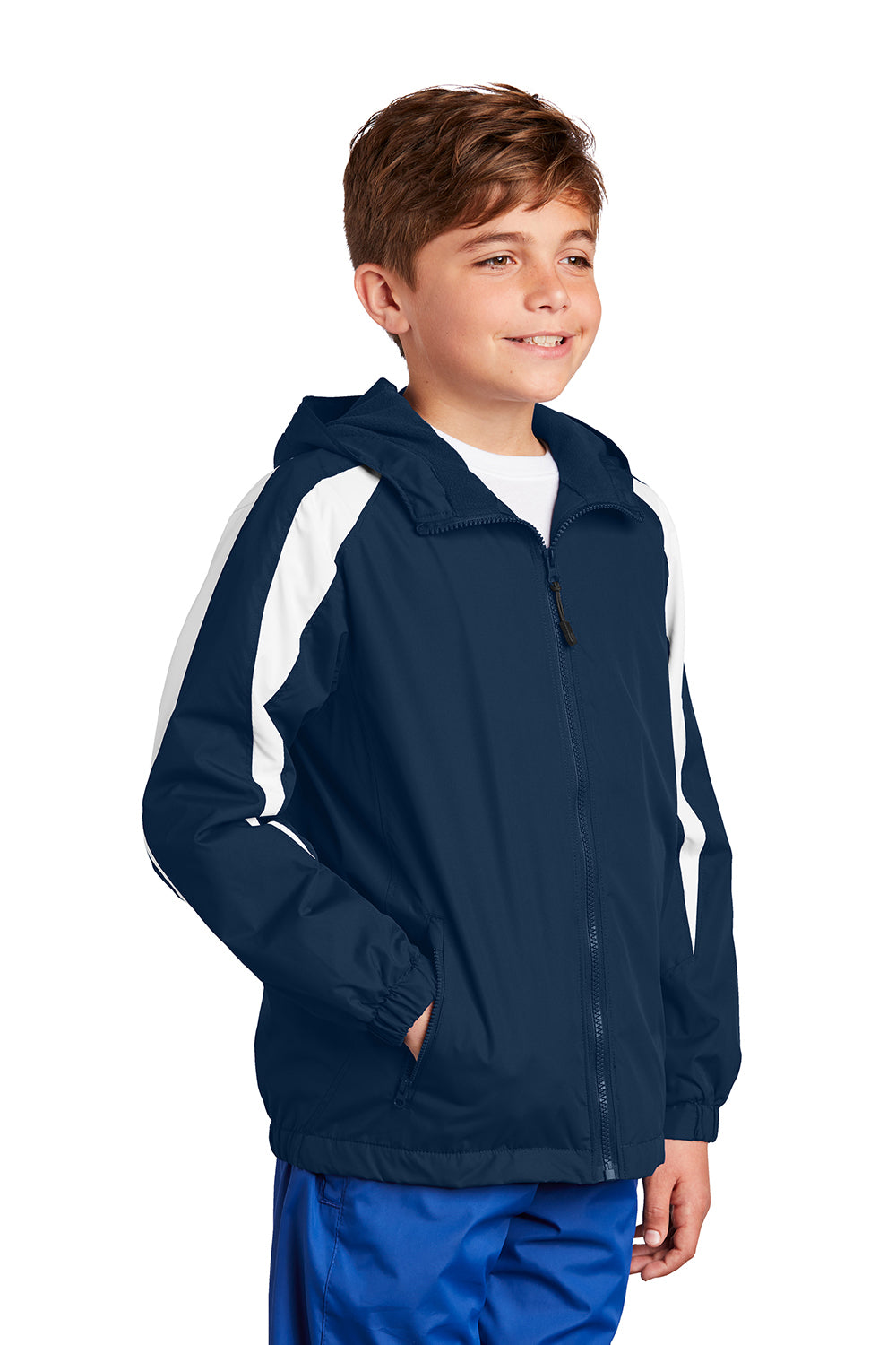 Sport-Tek YST81 Youth Full Zip Hooded Jacket True Navy Blue/White Model 3q