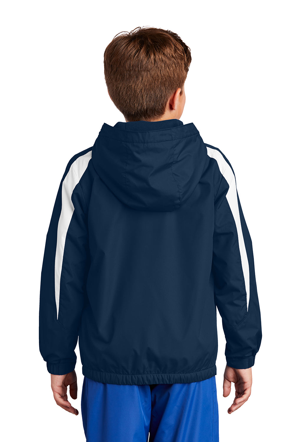 Sport-Tek YST81 Youth Full Zip Hooded Jacket True Navy Blue/White Model Back