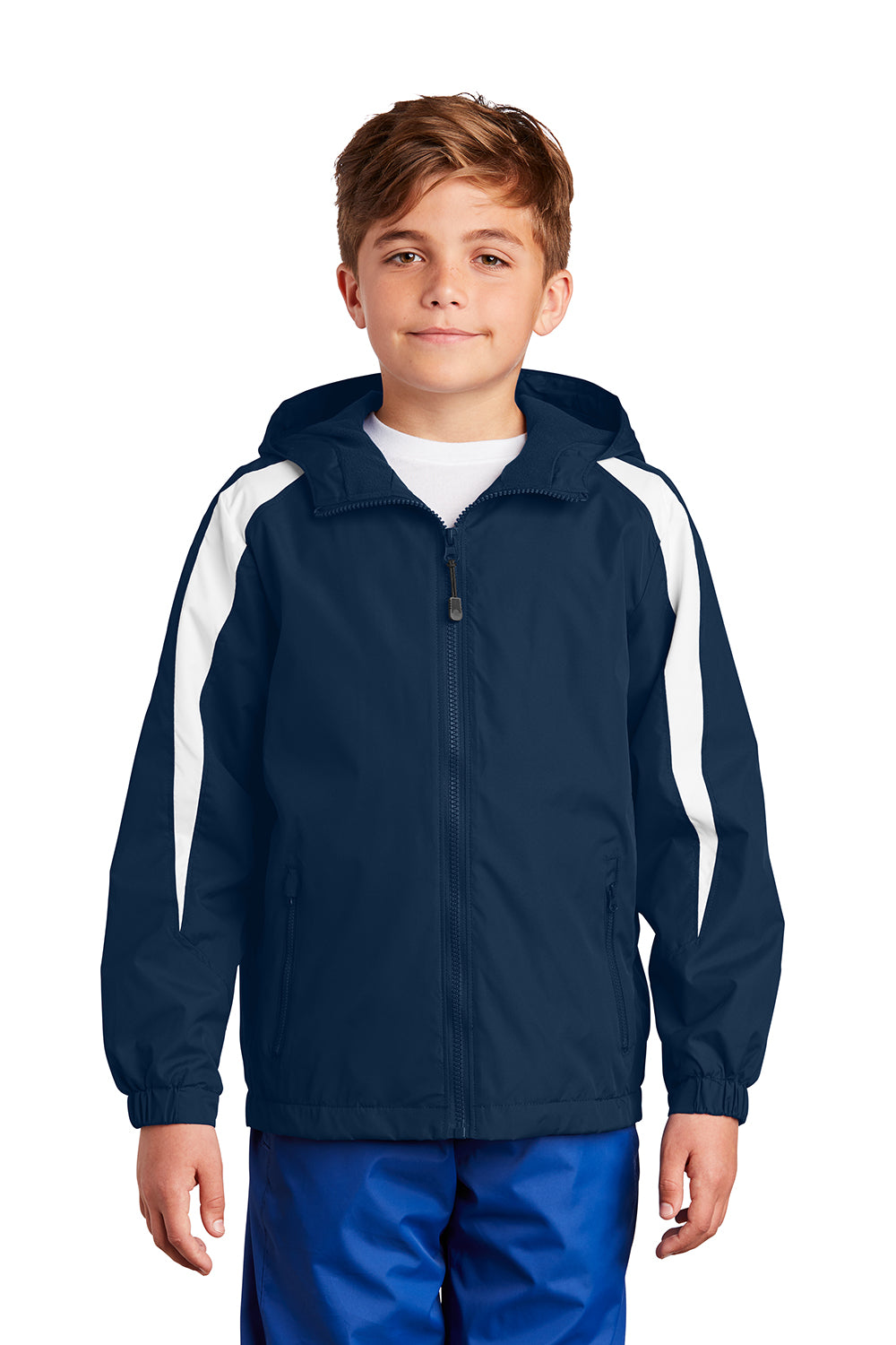 Sport-Tek YST81 Youth Full Zip Hooded Jacket True Navy Blue/White Model Front