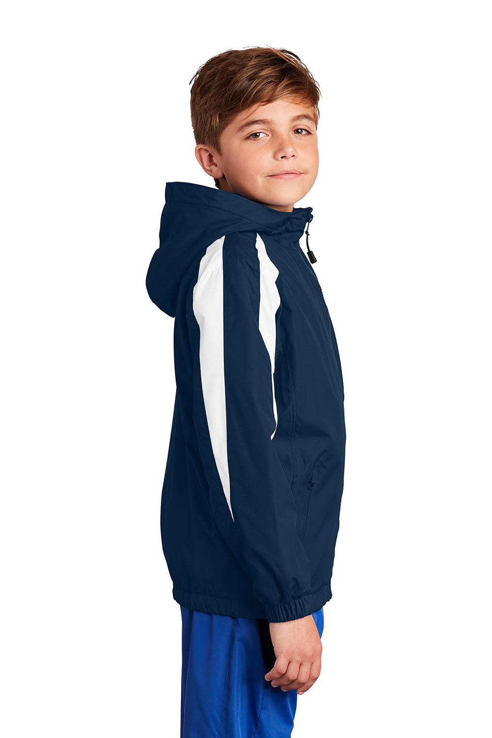 Sport-Tek YST81 Youth Full Zip Hooded Jacket True Navy Blue/White Model Side