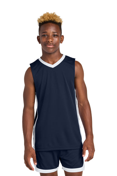 Sport-Tek YST900 Youth Rival Basketball Reversible Jersey Tank Top True Navy Blue/White Model Front